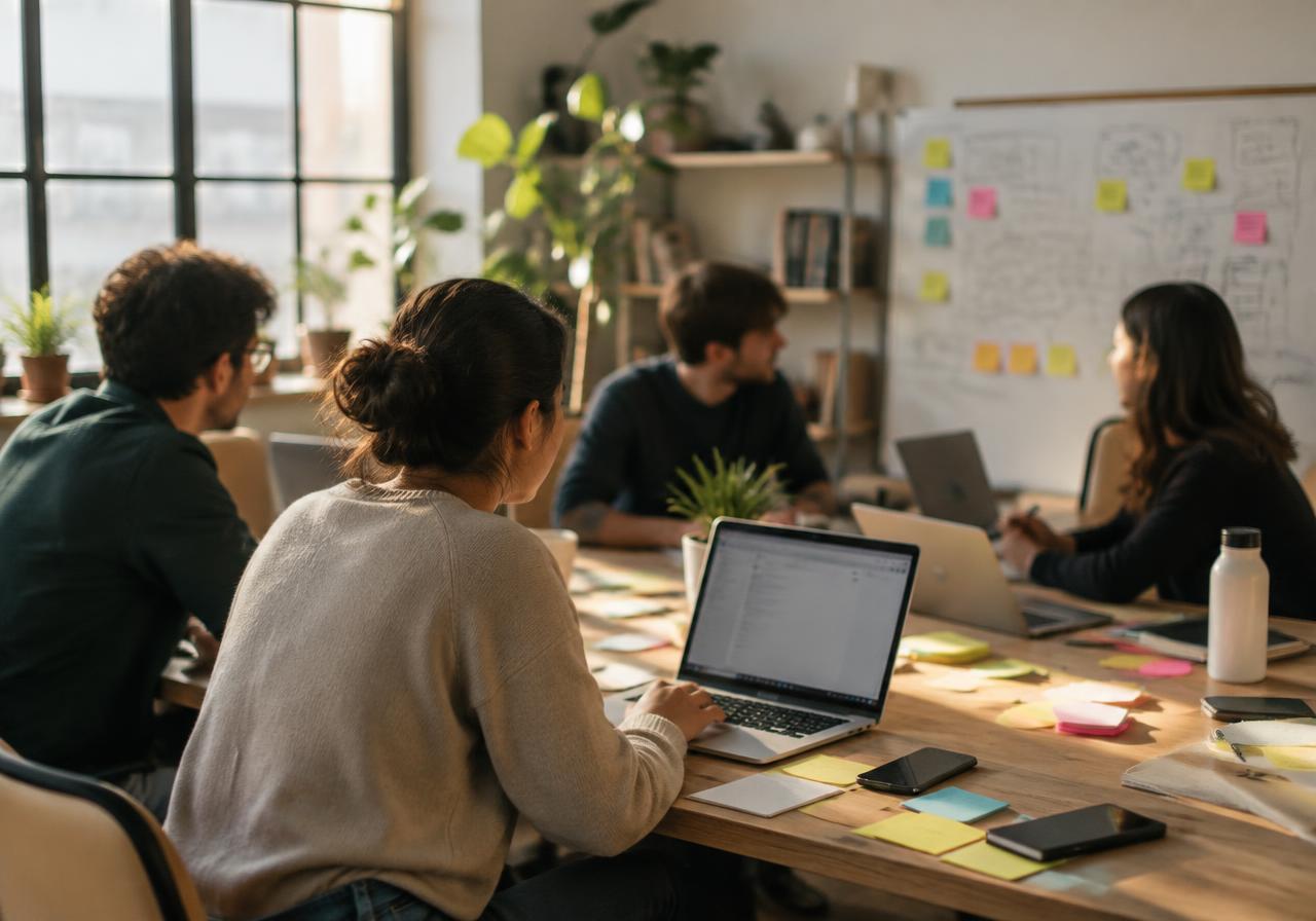 Team of engineers collaborating at a table with laptops and sticky notes