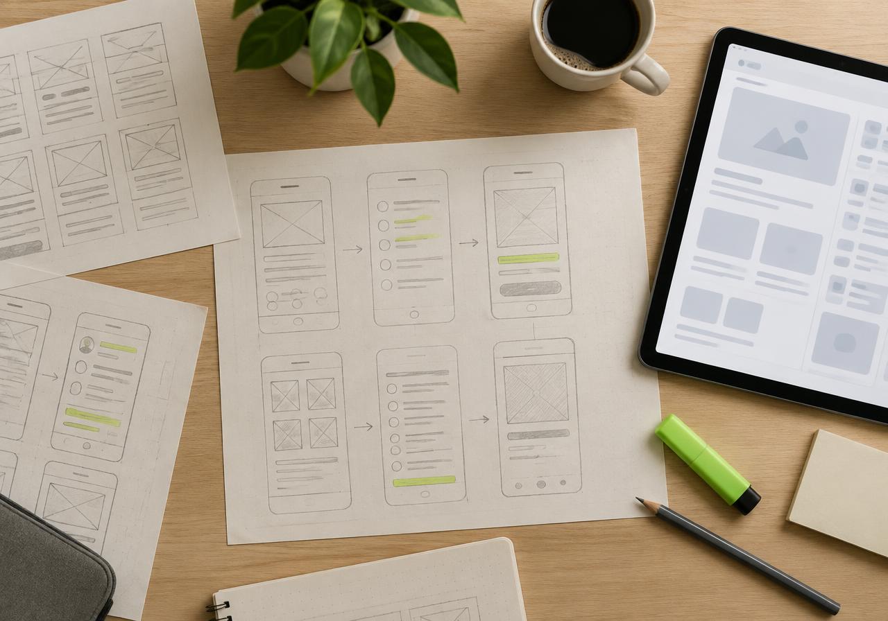 Paper wireframes of mobile screens next to a tablet showing a layout draft